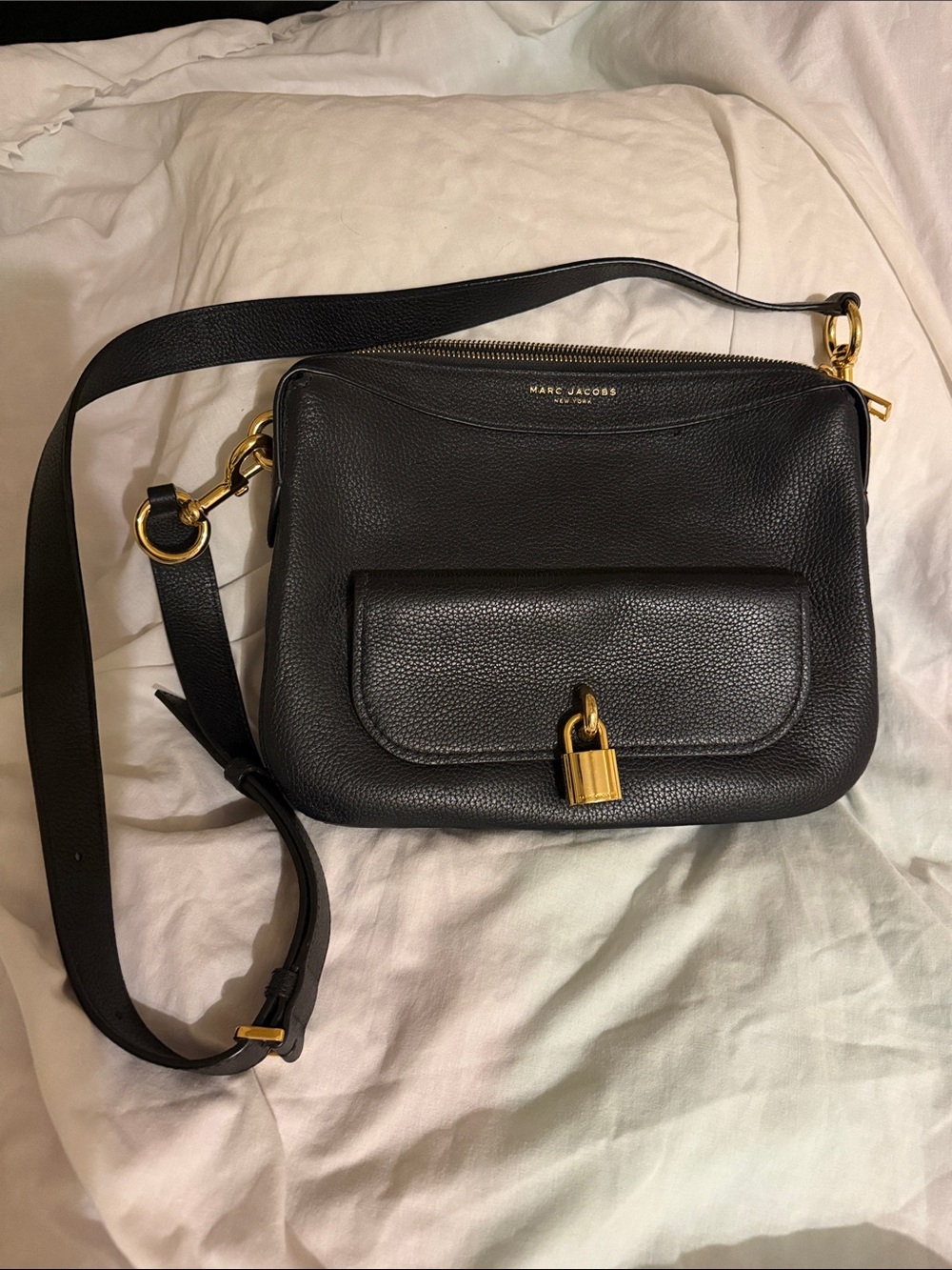 Marc Jacobs Black Pebbled Leather Crossbody with Gold Padlock